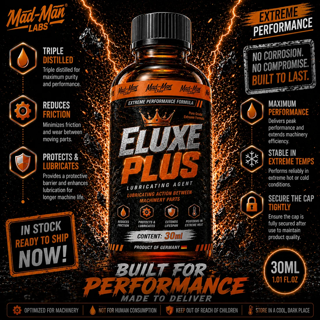 ELUXE Plus 30ml machine oil lubricant Australia product information